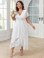 SCOMCHIC Womens Plus Size Wedding Guest Dress Formal Lace Wrap V Neck High Low Short Sleeve Cocktail Maxi Dresses XL-4XL White