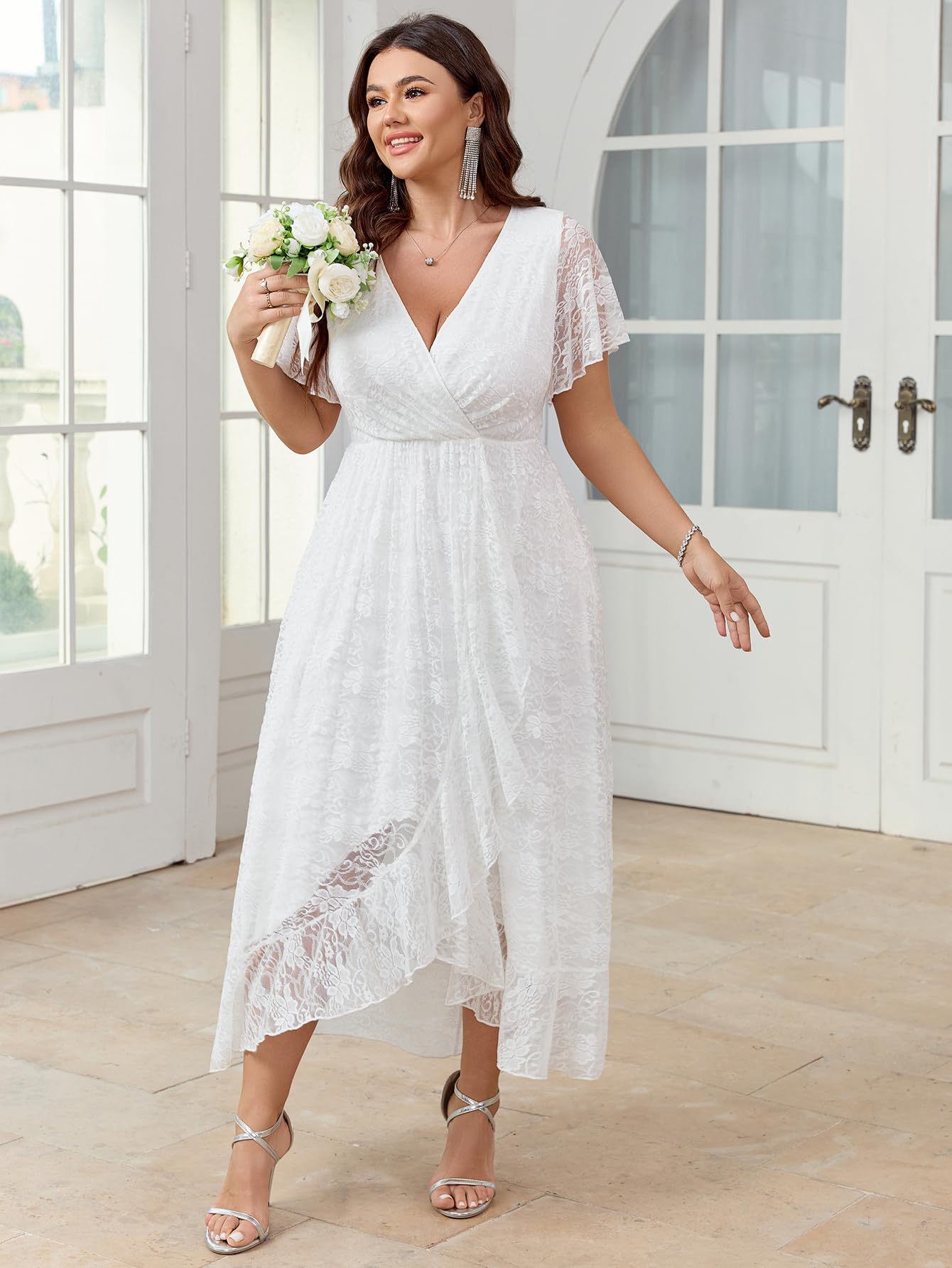 لباس مهمانی عروسی زنانه سایز بزرگ SCOMCHIC، رسمی، گیپور، یقه هفت، بلند و کوتاه، آستین کوتاه، لباس ماکسی کوکتل، سایز XL-4XL، سفید