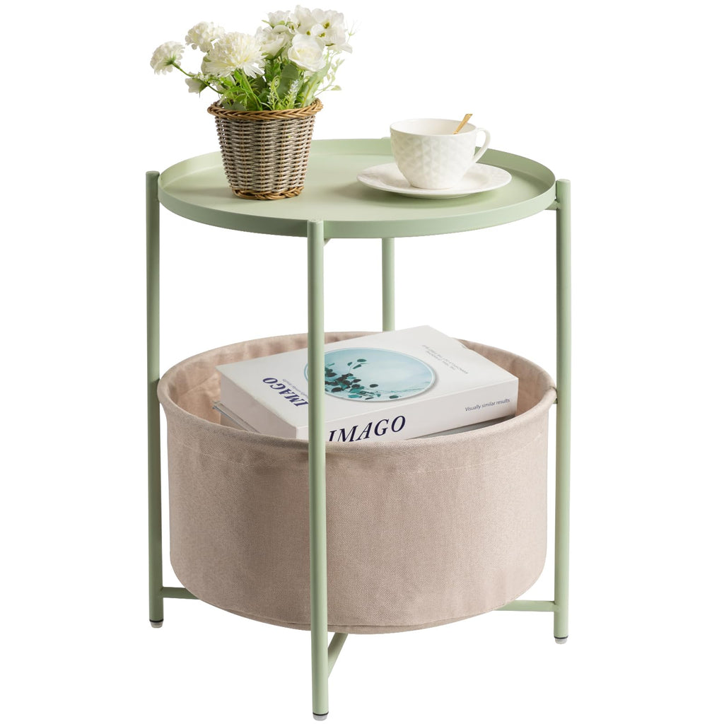 danpinera Round Side Table with Fabric Storage Basket, Metal Side Small Bedside Table Nightstand with Removable Tray Top for Living Room, Bedroom, Nursery, Laundry, Gold