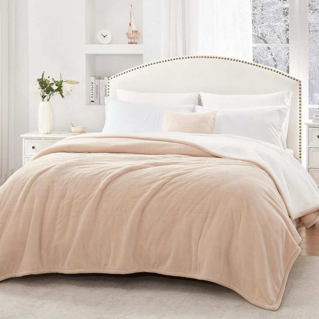 Sealy Electric Blanket Queen Size, Flannel & Sherpa Heated Blanket with 10 Heat Setting & 1-12 Hour Auto Shut Off, Fast Heating Blanket, Machine Washable, Beige, 84 x 90 Inch