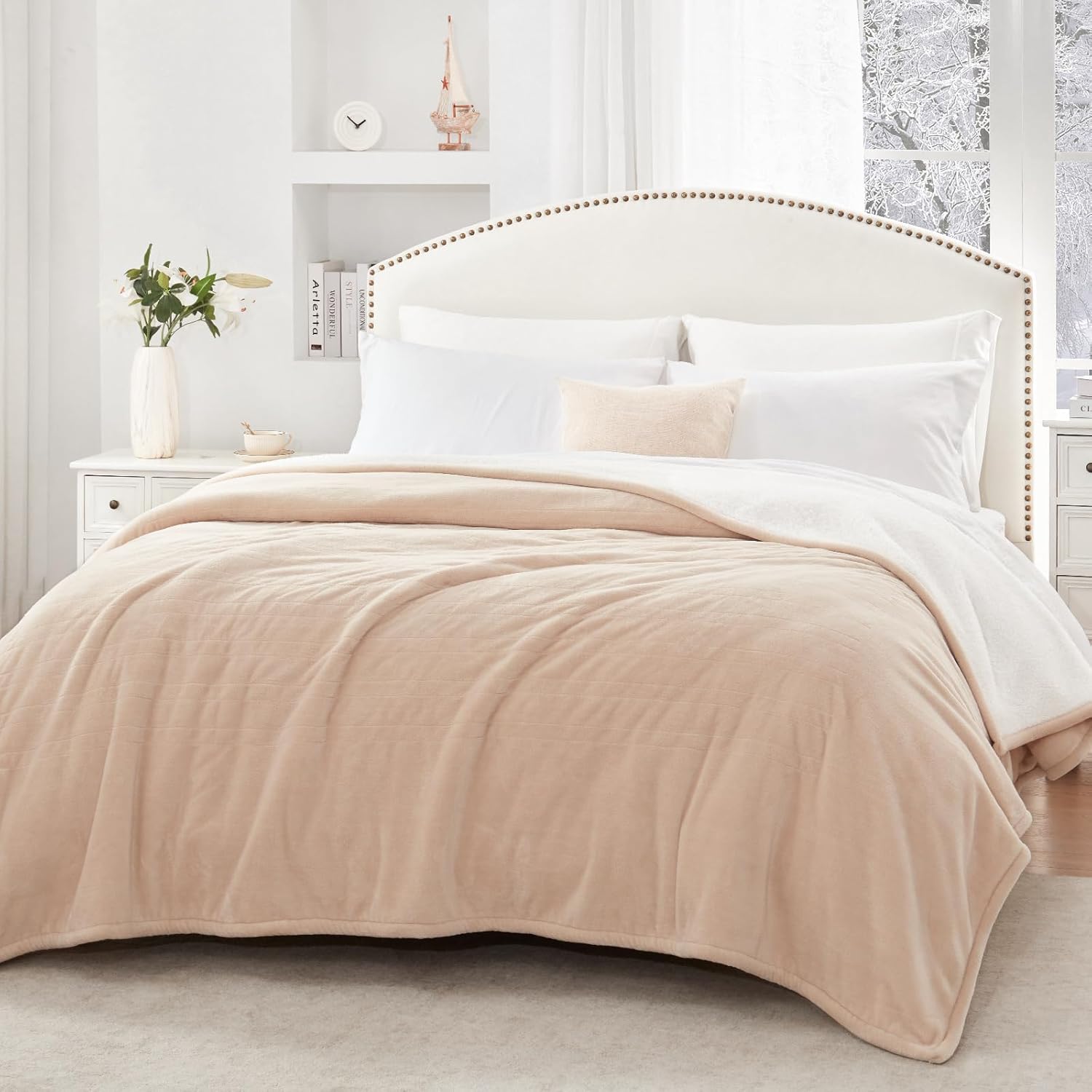 Sealy Electric Blanket Queen Size, Flannel & Sherpa Heated Blanket with 10 Heat Setting & 1-12 Hour Auto Shut Off, Fast Heating Blanket, Machine Washable, Beige, 84 x 90 Inch