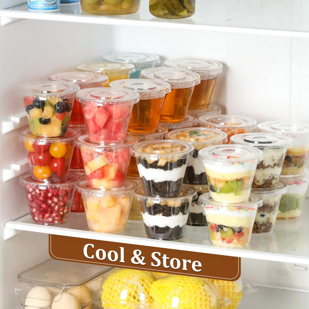 AOZITA [50 Sets, 9 oz Clear Plastic Cups With Flat Lids No Hole, Disposable Cups With Lids for Ice Cream, Pudding, Cake, Snacks Smoothie, Milkshake, Cold Drinks