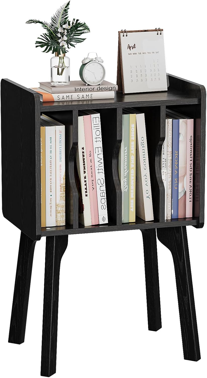 Urban Deco Wooden Nightstand, End Table with 4 Storage Cabinet, Bedside Table with Legs, Side Coffee Table Suit for Small Space and Bedroom, Black