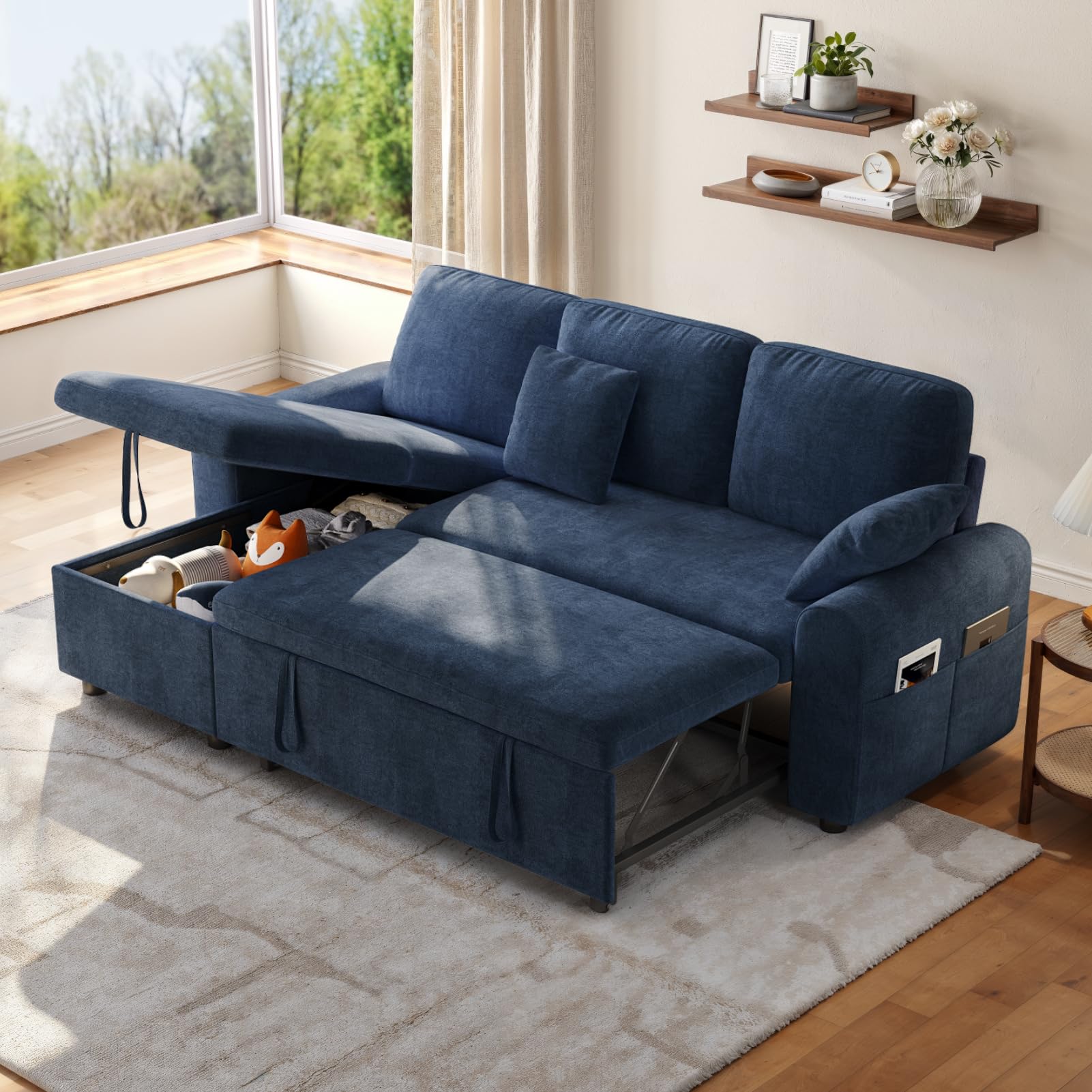 85" Sleeper Sofa, 2 in 1 Pull Out Couch Bed with Storage Chaise, Convertible L Shaped Sectional Sofa Couch with Pullout Bed & 2 Pillows, Cmofy Boucle Fabric, Grey Couches for Living Room