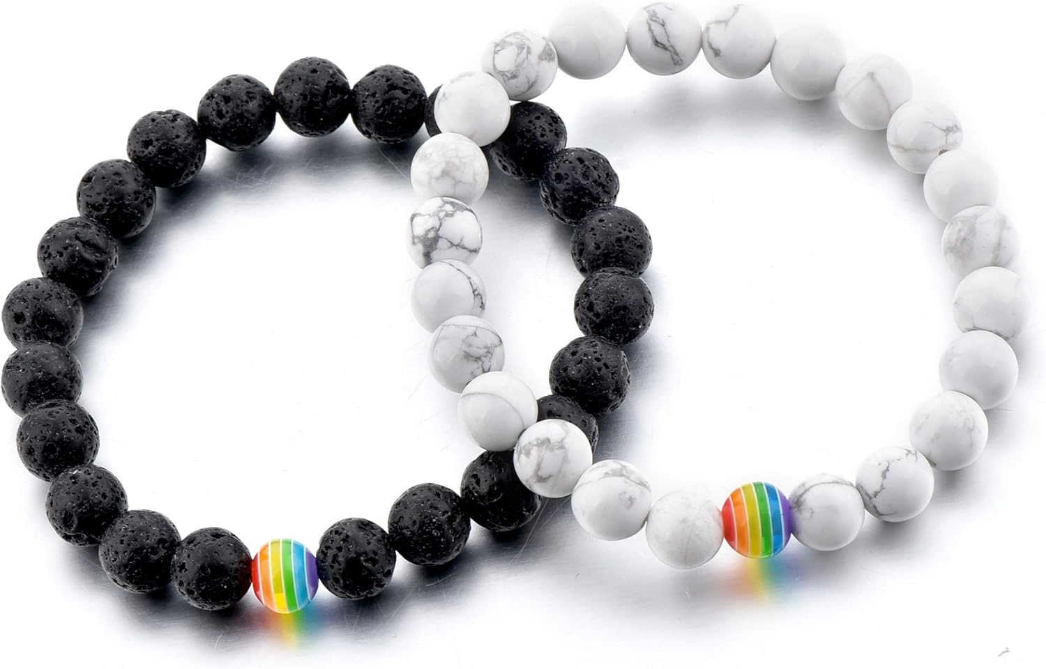LGBT Relationship Bracelet | 2 Pieces | White Howlite, Black Matte Agate, Rainbow Resin | Oil Diffuser Beads | Gay Couples Strong Cord | Handmade | Love is Colorful