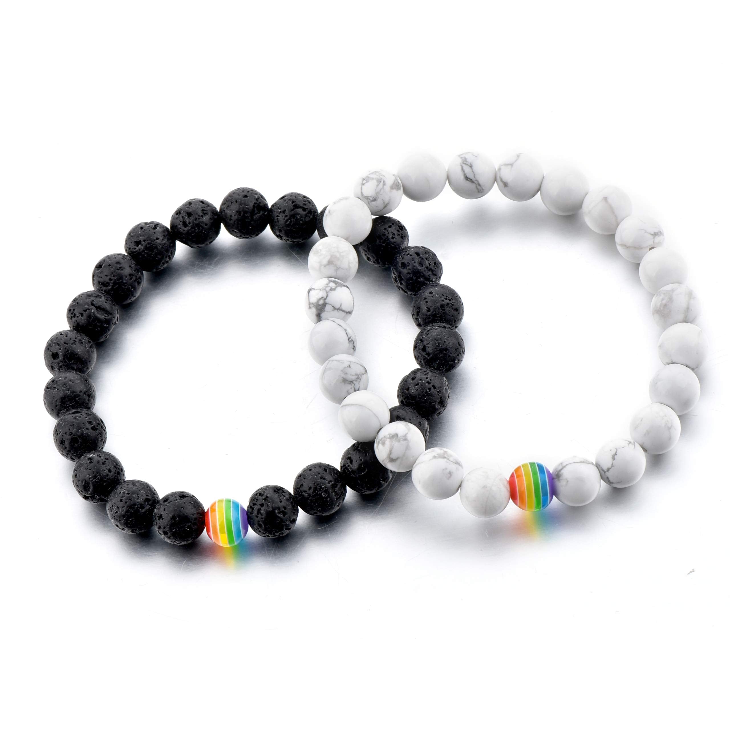 LGBT Relationship Bracelet | 2 Pieces | White Howlite, Black Matte Agate, Rainbow Resin | Oil Diffuser Beads | Gay Couples Strong Cord | Handmade | Love is Colorful