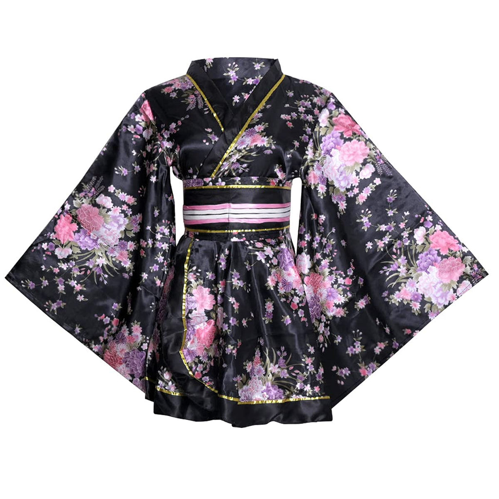 HUAHUA Women's Sexy Short Kimono Dress Floral Print Japanese Traditional Geisha Robe Bathrobe Skirt Belt Outfit