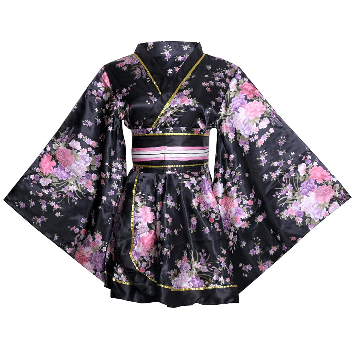 HUAHUA Women's Sexy Short Kimono Dress Floral Print Japanese Traditional Geisha Robe Bathrobe Skirt Belt Outfit
