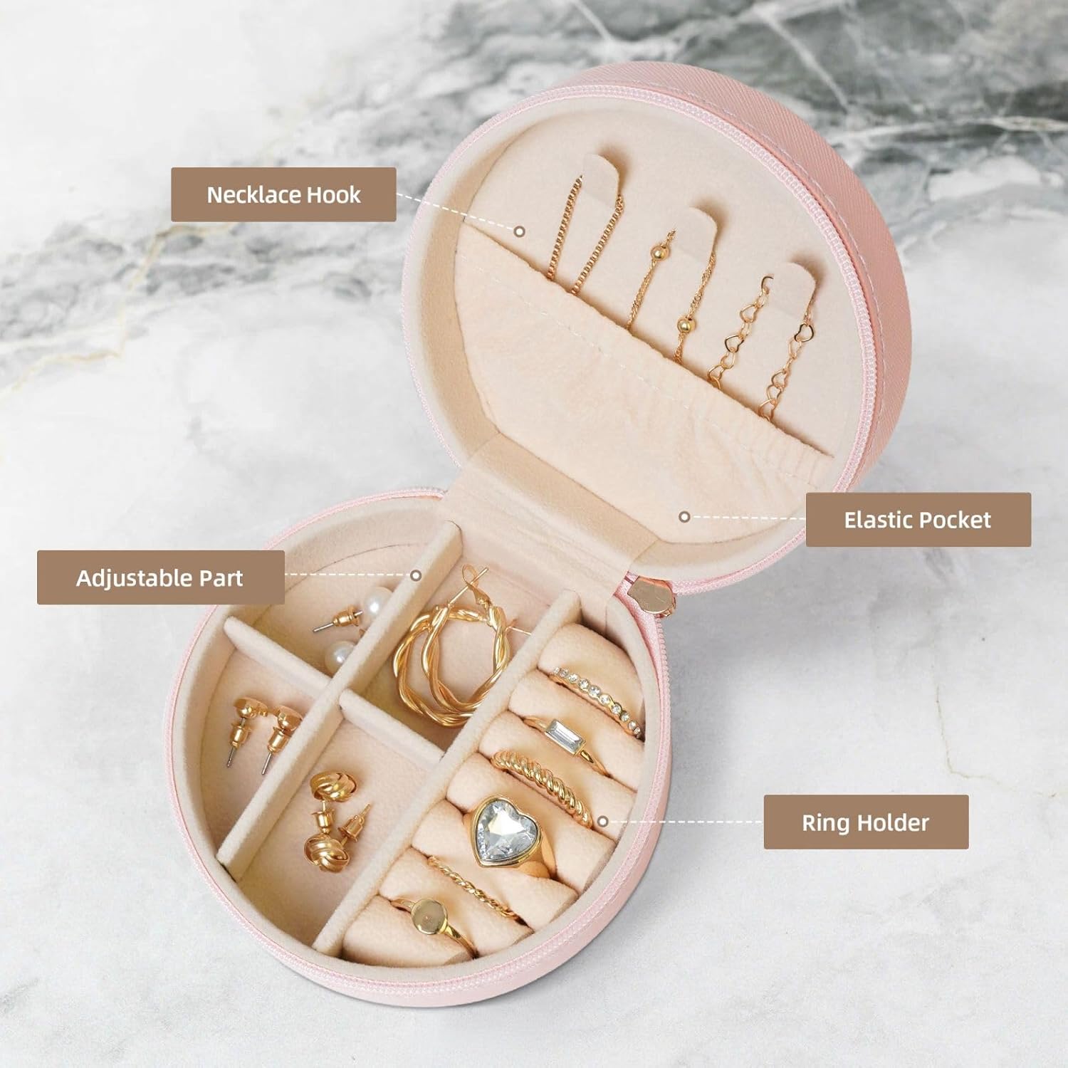 Petoskey Stone Print Round Leather Jewelry Box,Portable Mini Jewelry Home or Travel Storage Box,Used to Store Rings,Earrings,Necklaces,and Bracelets