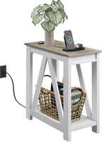 WLIVE Farmhouse End Table, Narrow Side Table with Charging Station, Slim End Table, Side Table for Bedroom, Living Room, Small Spaces, with 2 USB and 2 Power Outlets, 11.8" D x 23.6" W x 23.74" H