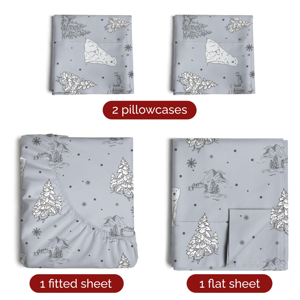 Komplet pościeli King Christmas Tree - Świąteczny wzór Xmas na lnie - Głębokie kieszenie - Dopasowany krój - 4 części - Bez zagnieceń - Wygodna i chłodząca świąteczna pościel zimowa - Łatwa w pielęgnacji - Przyjazna dzieciom