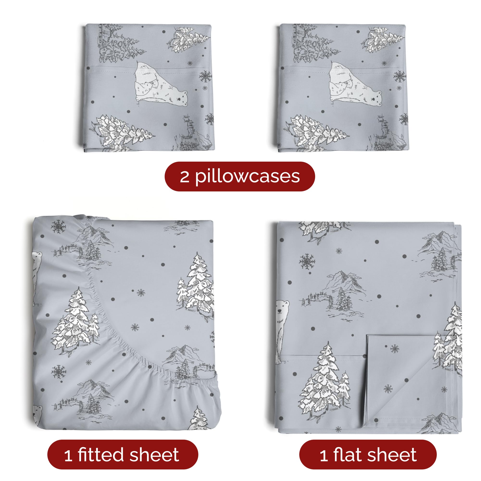Komplet pościeli King Christmas Tree - Świąteczny wzór Xmas na lnie - Głębokie kieszenie - Dopasowany krój - 4 części - Bez zagnieceń - Wygodna i chłodząca świąteczna pościel zimowa - Łatwa w pielęgnacji - Przyjazna dzieciom