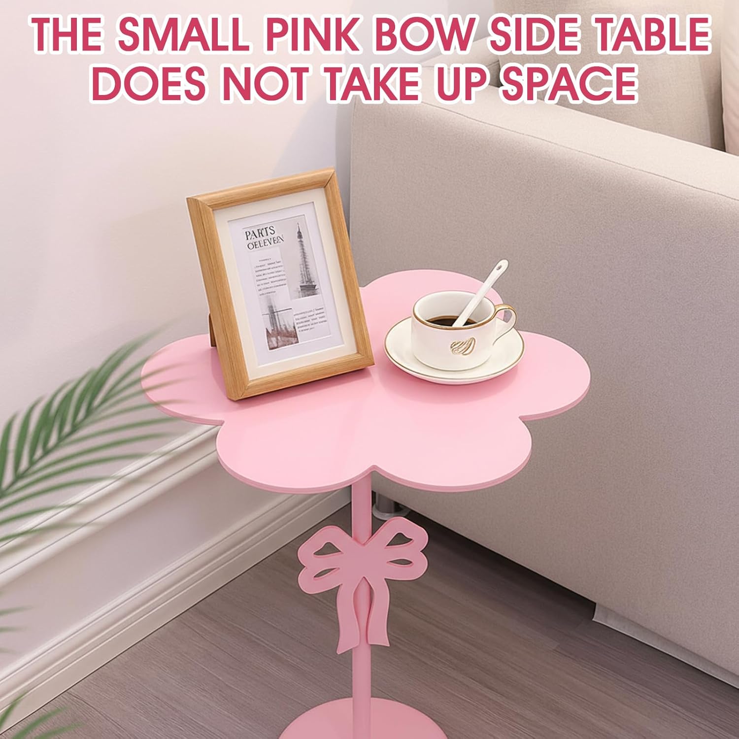 Pink Bow Side Table Small Wood End Table Coffee Coquettish Room Decor Pink Bedside Cocktail Drink Stand for Small Spaces Nightstand Bedroom Couch Chair