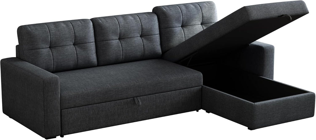 Upholstered Sleeper Sofa, L Shaped Sectional Couch with Reversible Storage, Convertible Corner Lounge Couches w/Pull Out Sofabed for Living Room, Apartment,Dark Grey