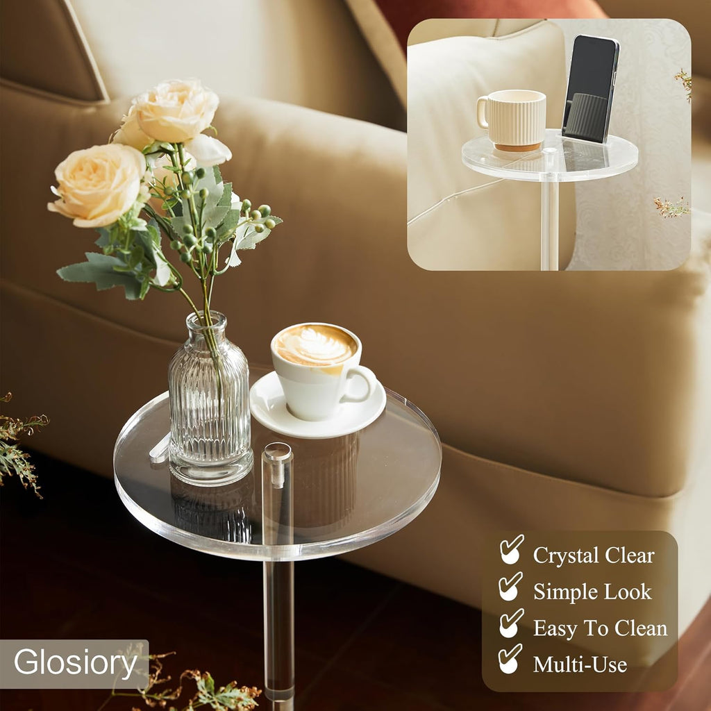 Acrylic Drink Table, Small Round Side Table for Small Space, Pedestal End Tables with Phone Holder, Multi-Use Modern Accent Tables, Martini/Cocktail Table for Living Room 10"X21" Easy Assembly