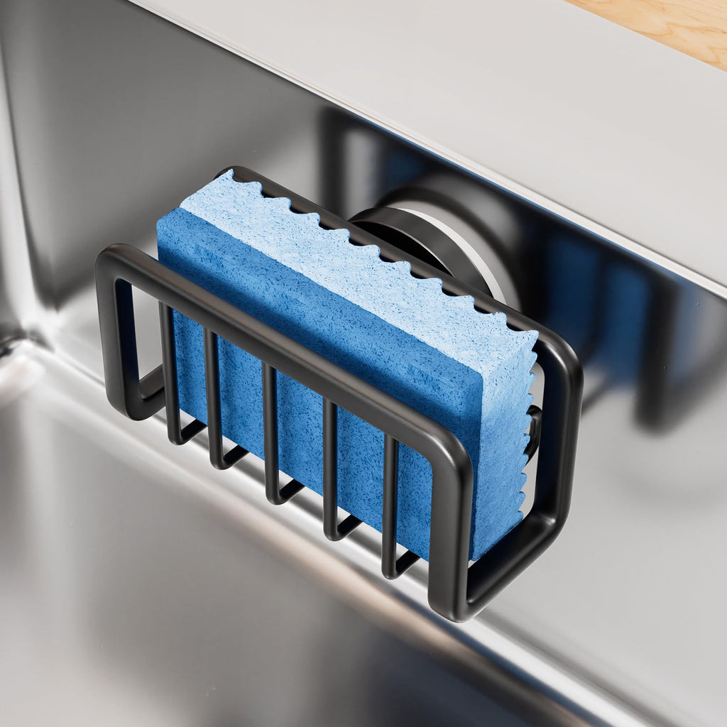 TAILI Sponge Holder with Strong Suction Cup, 4-in-1 Rustproof Sink Organizer - Sink Caddy Holds Sponges, Brushes, Stoppers & Scrapers -Black