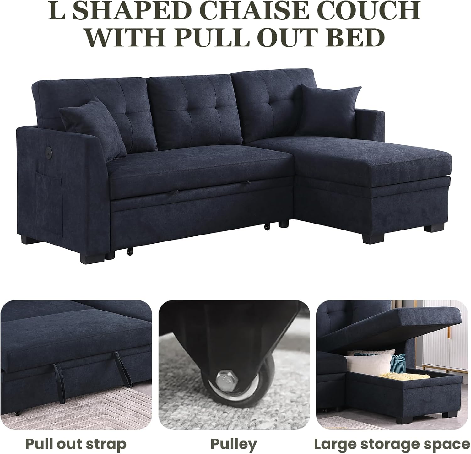 L Shape Sofa with Storage, Pull Out Couch Bed with USB&Type-C Ports, Convertible Sleeper Sofa, Futon Chaise Lounge Recliner for Living Room, Apartment, Bedroom, Office, Ink Blue