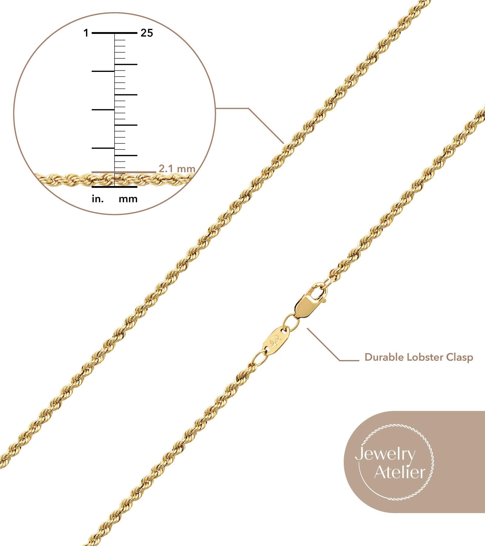 Jewelry Atelier Gold Chain Necklace Collection - 14K Solid Yellow Gold Filled Rope Chain Necklaces for Women and Men with Different Sizes (2.1mm, 2.7mm, or 3.8mm) - Grand Goldman
