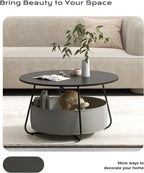 Manora Small Round Coffee Table for Living Room, Modern Center Table with Fabric Basket Storage, Cute Circle Table for Small Spaces, Metal Frame, Dark Brown and Black