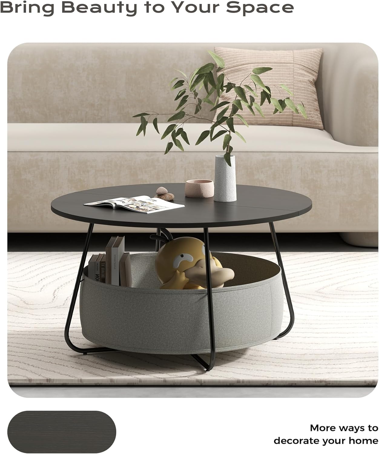Manora Small Round Coffee Table for Living Room, Modern Center Table with Fabric Basket Storage, Cute Circle Table for Small Spaces, Metal Frame, Dark Brown and Black