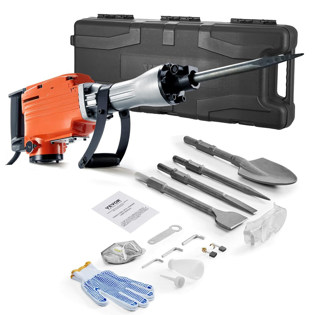 VEVOR Demolition Jack Hammer, MAX 2200W Electric Jackhammer Heavy Duty, 1350 BPM Concrete Breaker 4pcs Chisels Bit Chipping W/Case, Gloves
