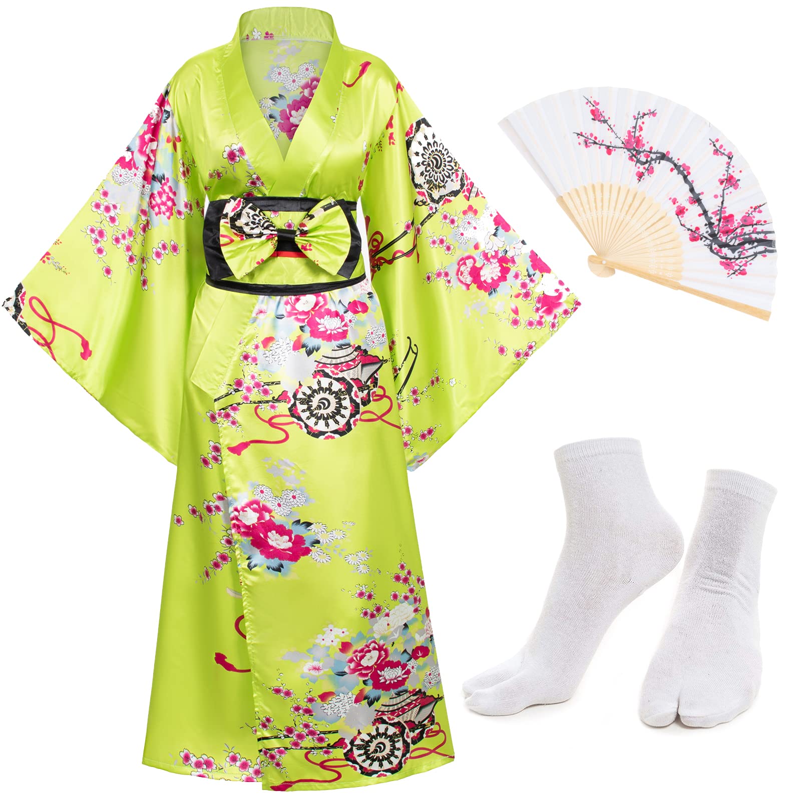 Japanese Anime Women's Kimono Robe Geisha Yukata Sweet Dress Blossom Satin Bathrobe Sleepwear Fans Tabi Socks Set