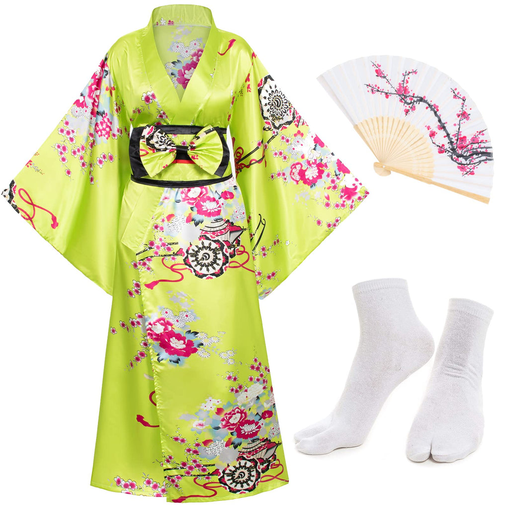 Japanese Anime Women's Kimono Robe Geisha Yukata Sweet Dress Blossom Satin Bathrobe Sleepwear Fans Tabi Socks Set