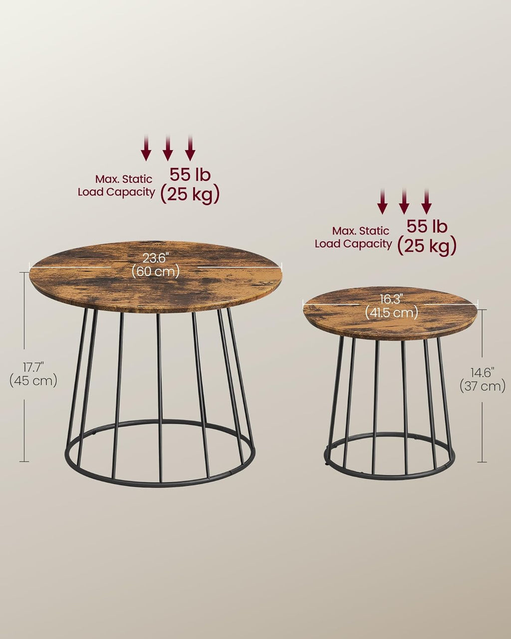 VASAGLE Round Coffee Tables, Set of 2, Modern Circle Side Tables with Steel Frame, for Living Room, Bedroom, Rustic Brown ULCT045K01
