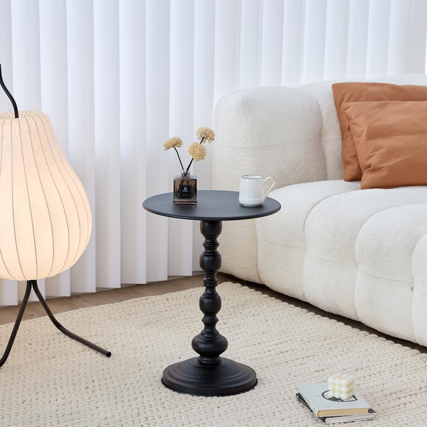 Elegant Vintage Round Side Table with Roman Columns - Sturdy Metal Design, Perfect as a Coffee, End, Tea, or Leisure Table for Living Room and Bedroom Decor ,21 (H) *11.8 (W) (Black Small -1 piece)