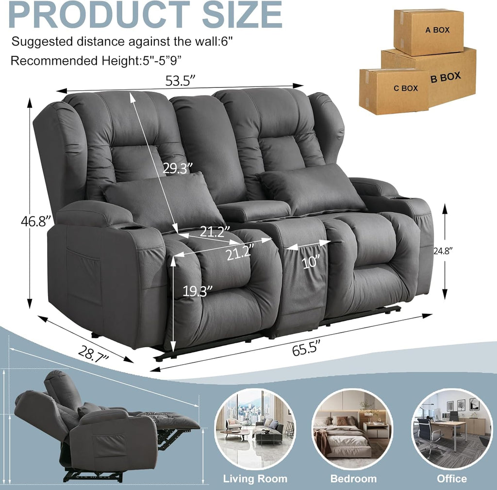 SAMERY 65.5" RV Loveseat Double Recliner With Console | Wall Hugger Reclining Sofa | Theater Seats | Couch | Furniture for RV and Home (Dark Gray)
