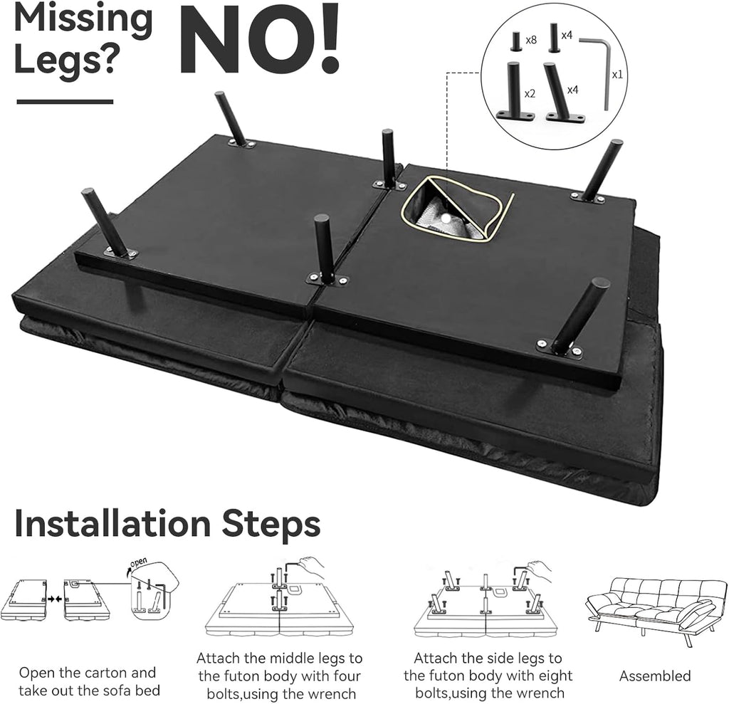 Convertible Faux Leather Futon Sofa Couch,Memory Foam Futon Couch Bed,Loveseat Sleeper Sofa Bed,Small Splitback Modern Folding Sofa Bed for Living Room,Office,Apartment,Matte Black