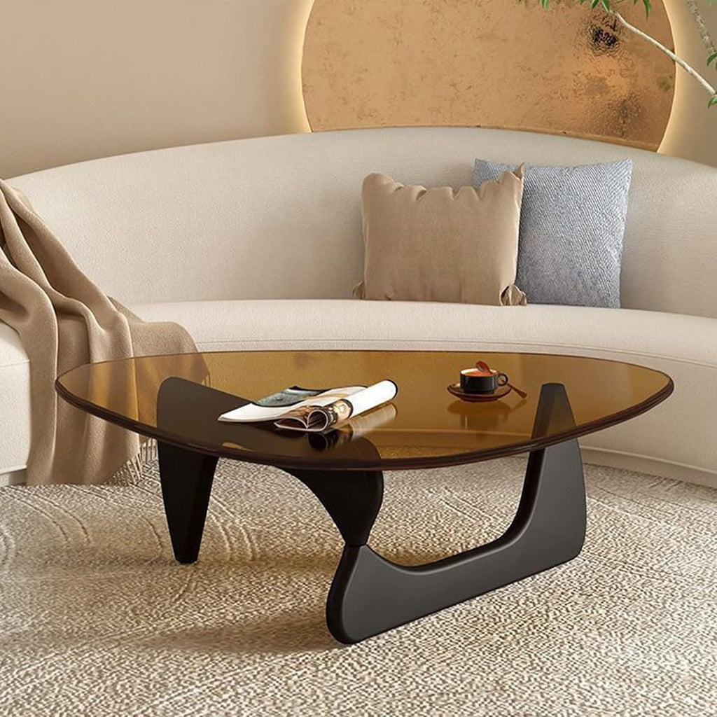 Triangle Glass Coffee Table-Mid-Century Modern End Table Solid Wood Base & Vintage Tempered Transparent Glass Top Coffee Tables Living Room Balcony (Black/Brown, Small 32.2 * 22.4 * 16in)