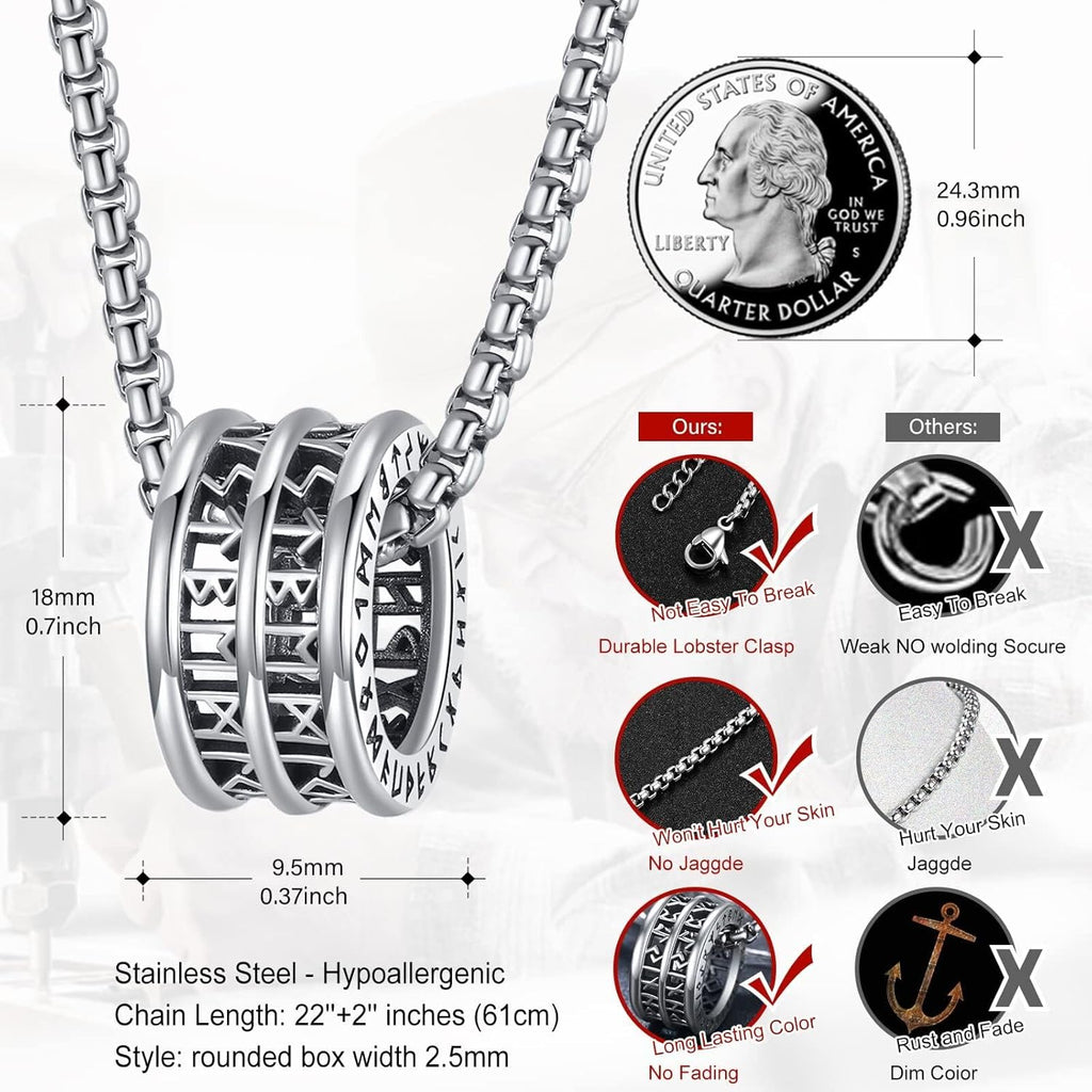 Viking Ring Necklace for Men 925 Sterling Silver Compass/Triquetra/Triskelion/Talisman/Rune/Valknut/Dragon/Odin Pendant Necklace Amulet Jewelry Gifts for Father Son Boyfriend Brother