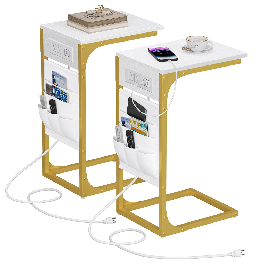TUTOTAK C Shaped End Table with Charging Station, Side Table for Sofa, Couch Table with Storage Bag, TV Tray with 2 USB Ports and Outlets for Living Room, Bedroom, Brown TB01BB024