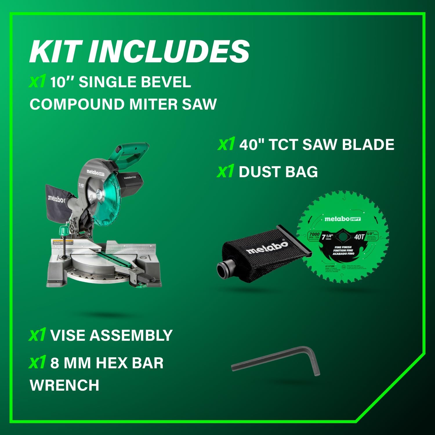 Metabo HPT 10-Inch Single Bevel Compound Miter Saw, 15-Amp Power Saw with Xact Cut Shadow Line, Precision Miter Angles, Single Bevel 0-45°, 40T TCT Miter Saw Blade, Lightweight Design, C10FCG2