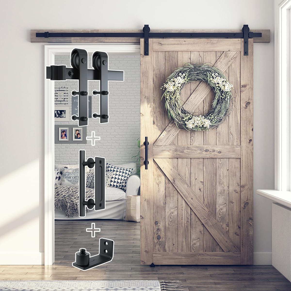 SMARTSTANDARD 6.8FT Sliding Barn Door Hardware Kit (Include 6.8ft Track Kit & Pull Handle Set & Floor Guide), Smoothly and Quietly, Easy to Install, Fit 36"-40" Wide Door Panel (J Shape) - Grand Goldman