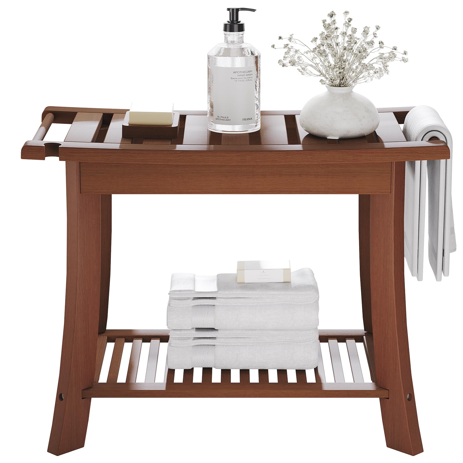 Homman Teak Shower Bench, 24 Inch Teak Shower Stool 300lbs Wood Shower Chair Seat with Storage Shelf Towel Rack for Bathroom Indoor and Outdoor Use