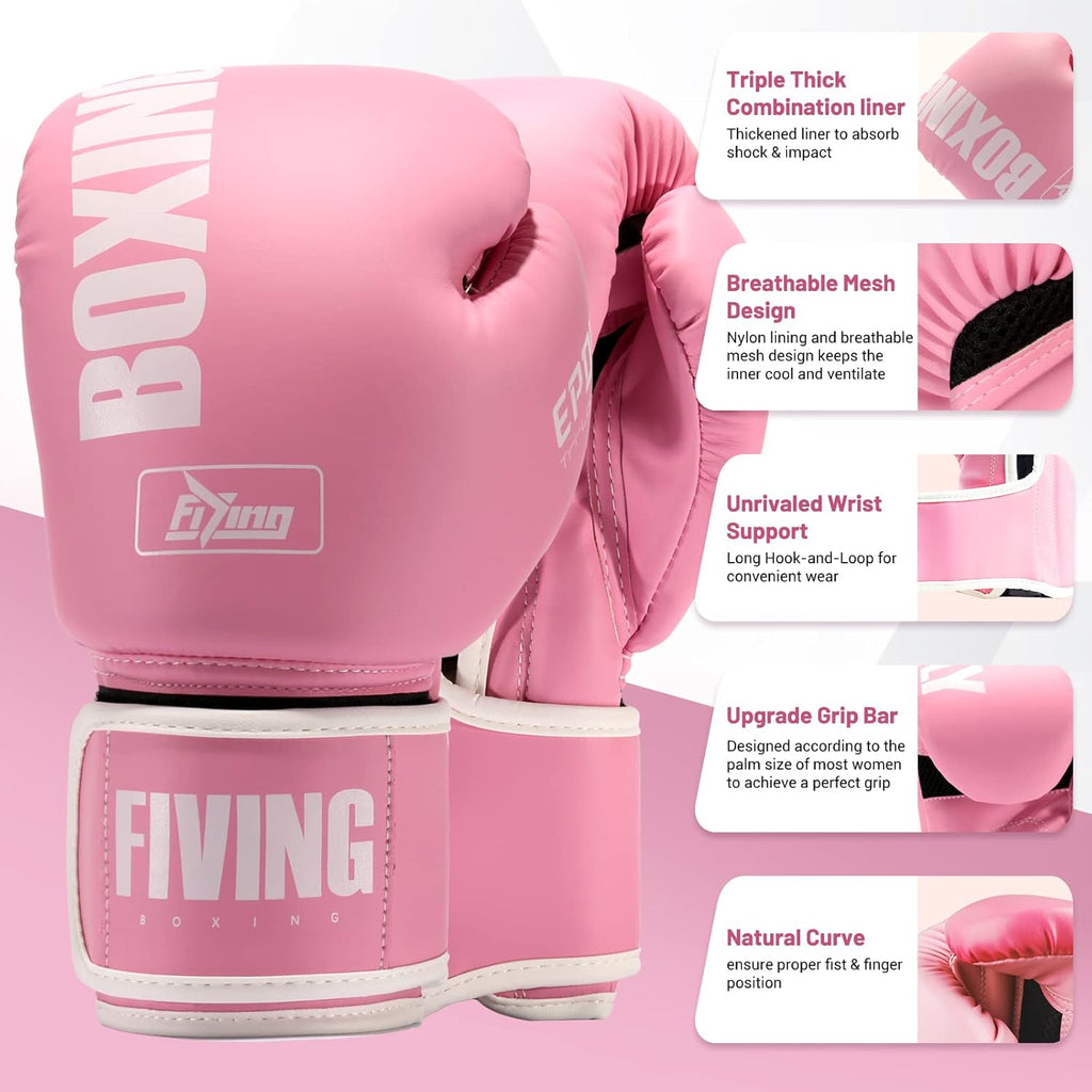 FIVING Pro Style Boxing Gloves for Women, PU Leather, Training Muay Thai,Sparring,Fighting Kickboxing,Adult Heavy Punching Bag Gloves Mitts Focus Pad Workout for Ladies