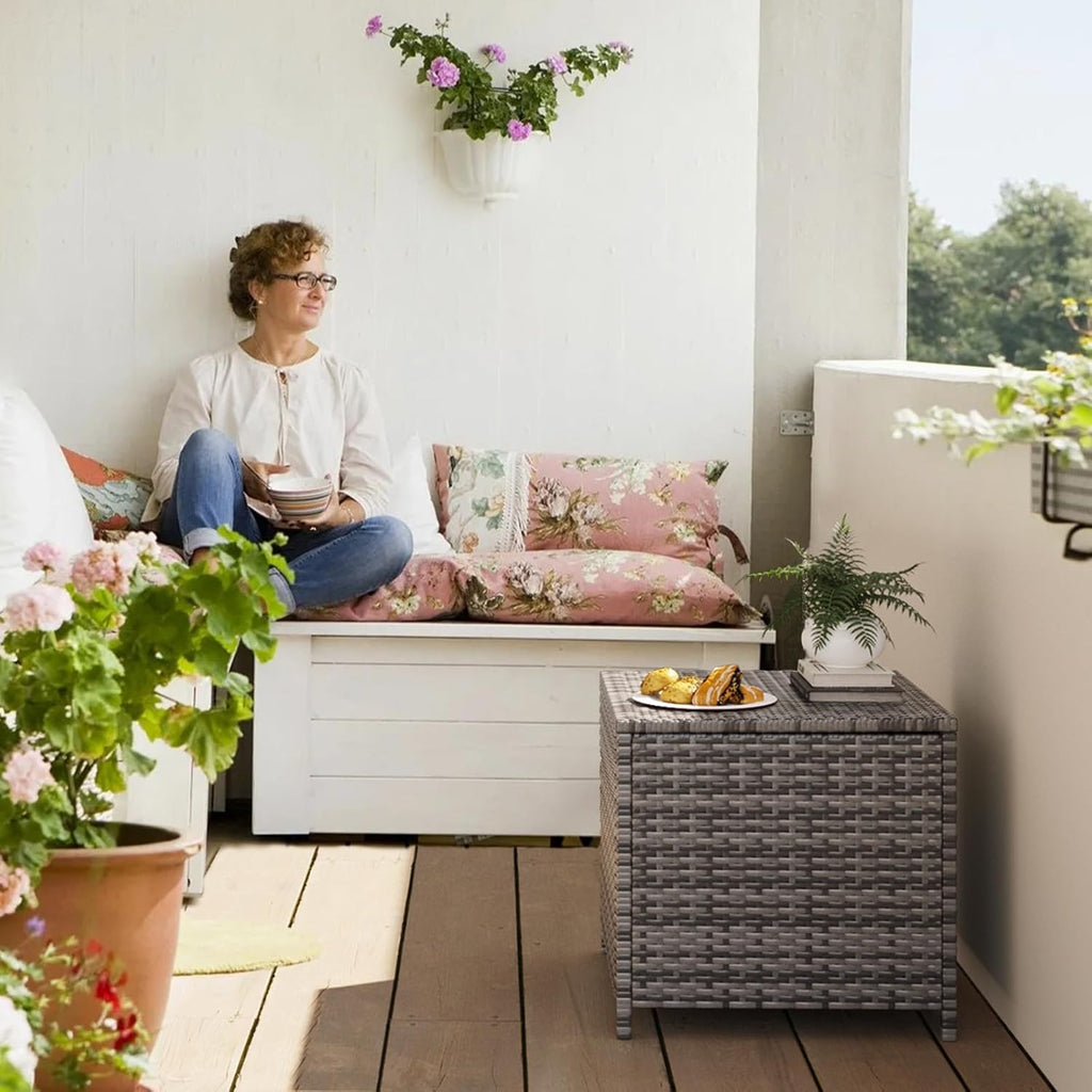 UDPATIO Outdoor Wicker Side Table with Storage Patio Rattan End Table Small Resin Square Container Coffee Table Backyard Pool for Furniture Covers, Toys and Gardening Tools (Grey)