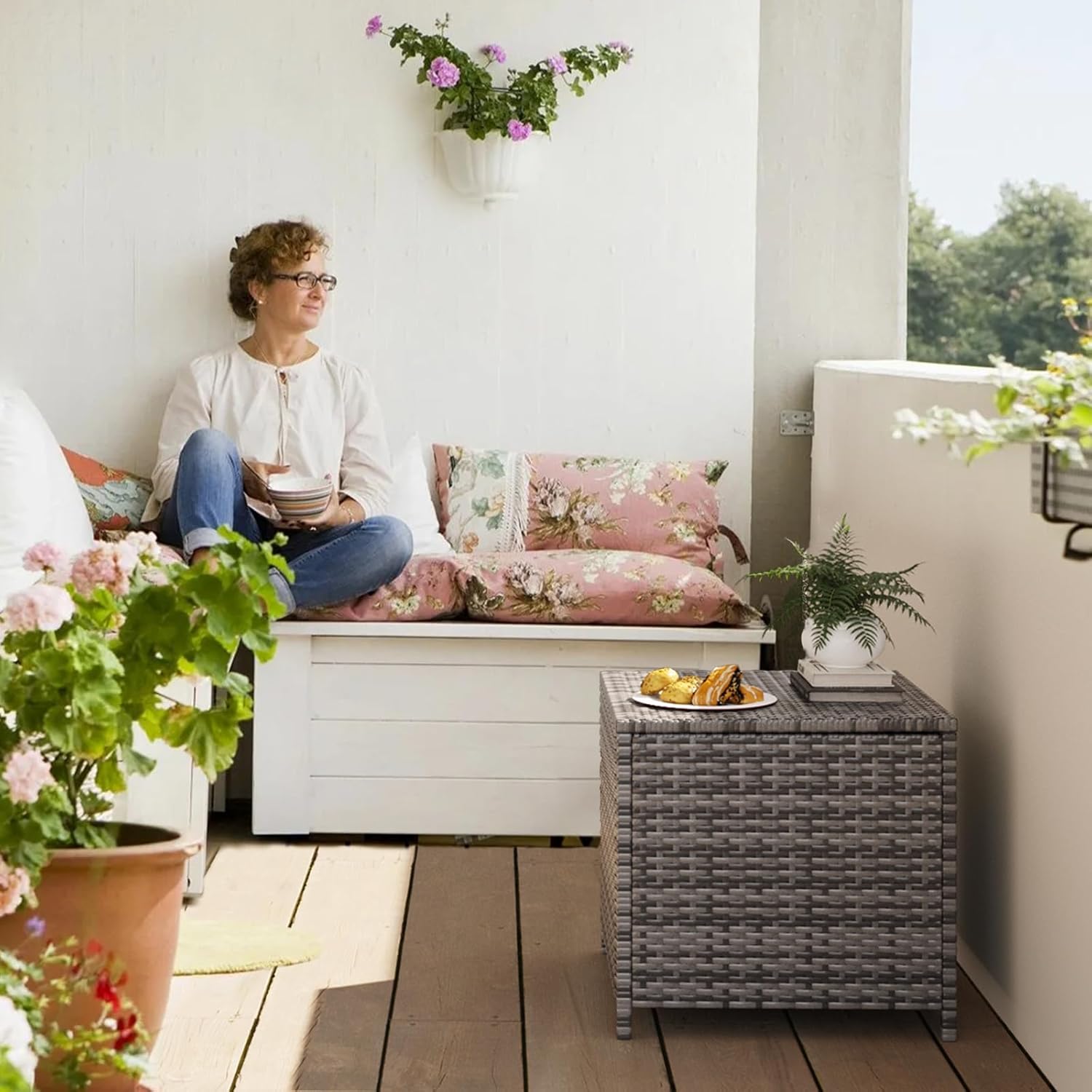 UDPATIO Outdoor Wicker Side Table with Storage Patio Rattan End Table Small Resin Square Container Coffee Table Backyard Pool for Furniture Covers, Toys and Gardening Tools (Grey)