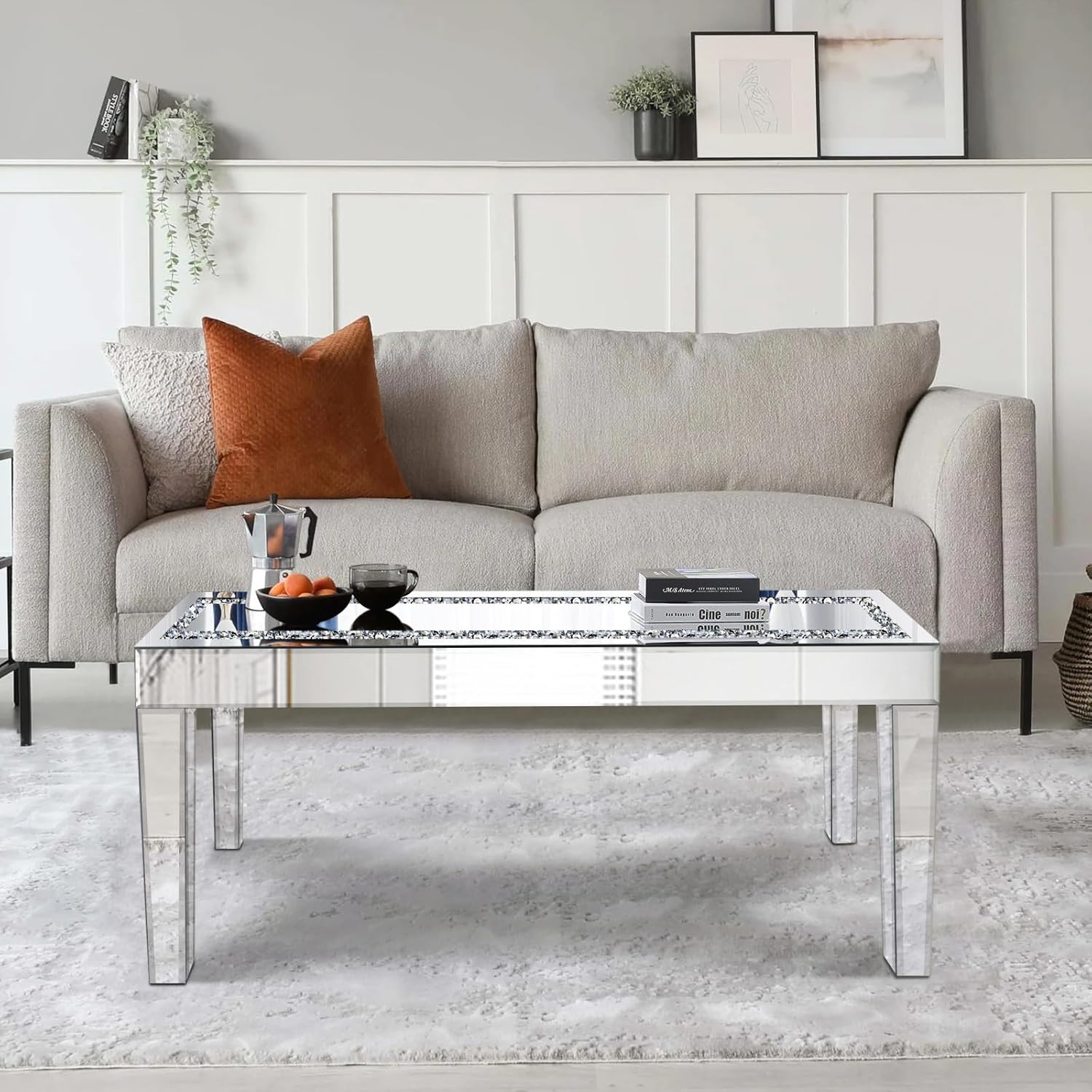 Silver Mirrored Coffee Table with Crystal Inlay, Rectangle Glass Tea Table with Mirrored Finish, Modern Center Table for Living Room and Office (23.6" D x 35.4" W x 17.7" H)