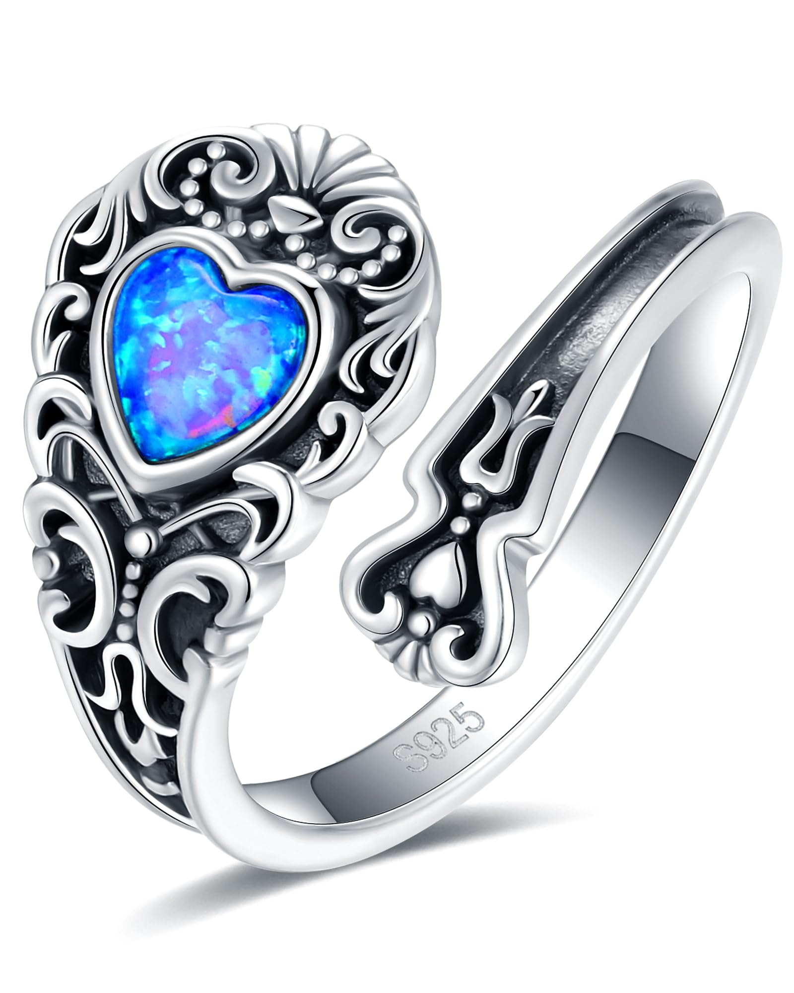 S925-Sterling-Silver Turquoise Dragonfly/Butterfly Spoon Ring - Vintage Boho Sunflower Thumb Rings Oxidized Wrap Ring Victorian Style Antique Floral Jewelry Gifts for Women