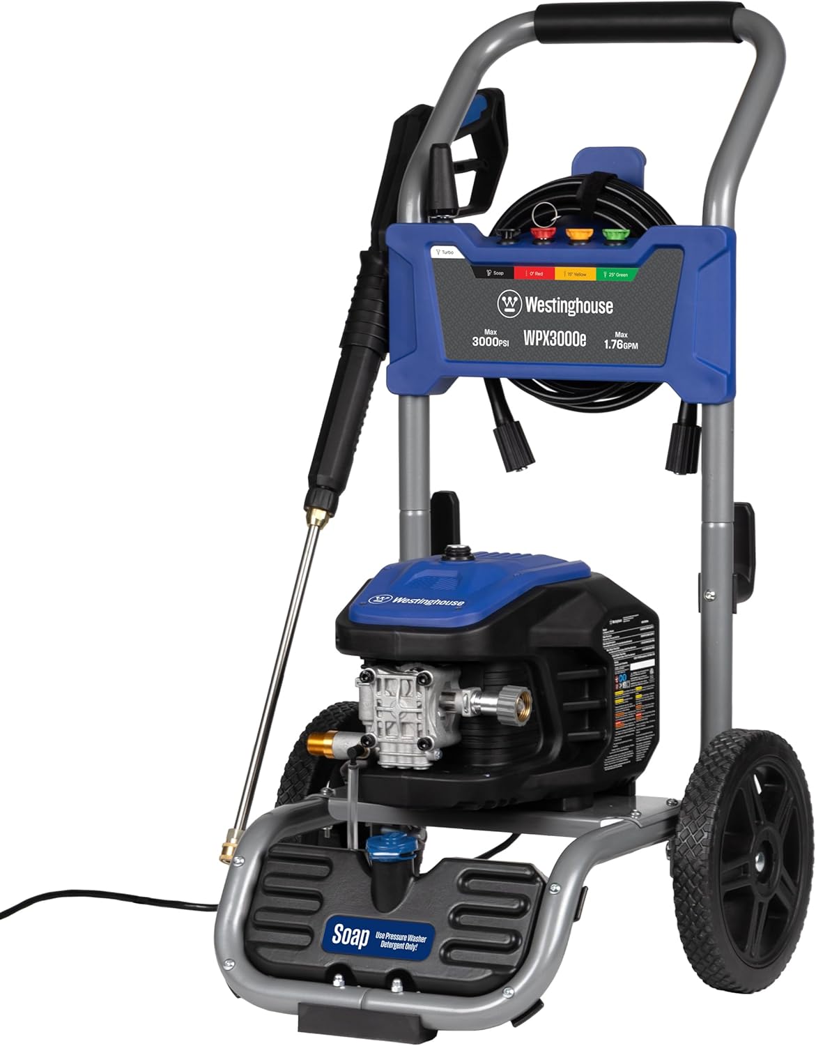 Westinghouse WPX3000e Electric Pressure Washer, 3000 Max PSI and 1.76 Max GPM, Induction Motor, Onboard Soap Tank, Spray Gun and Wand, 5 Nozzle Set, for Cars/Fences/Driveways/Homes/Patios/Furniture