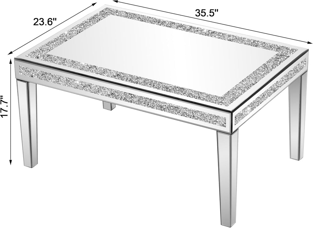 Silver Coffee Tables for Living Room with Dazzling Crushed Crystal Border, Clear Glass Rectangle Center Table Mirrored Finished, Glam Modern Living Room Furniture