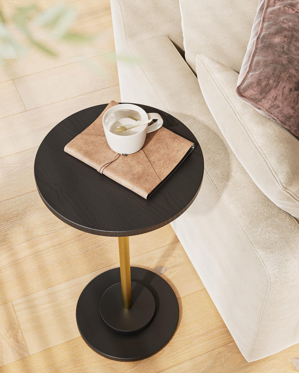 Masupu Drink Table, Round Side Table for Small Spaces, Pedestal Small End Table with Metal Base, for Living Room, Bedroom, Bathroom, Rustic Brown