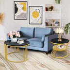 Round Nesting Coffee Tables Set: Black Gold Marble Coffee Table Set of 2 - Modern Metal Stacking Side Table for Living Room Small Spaces