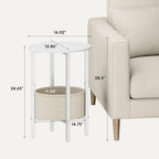 Vagusicc Round Side Table End Table with Storage Basket, Small Side Table Round Nightstand for Small Spaces, Tall Oval End Table with Steel Frame, Coffee Bedside Table for Living Room Bedroom, White