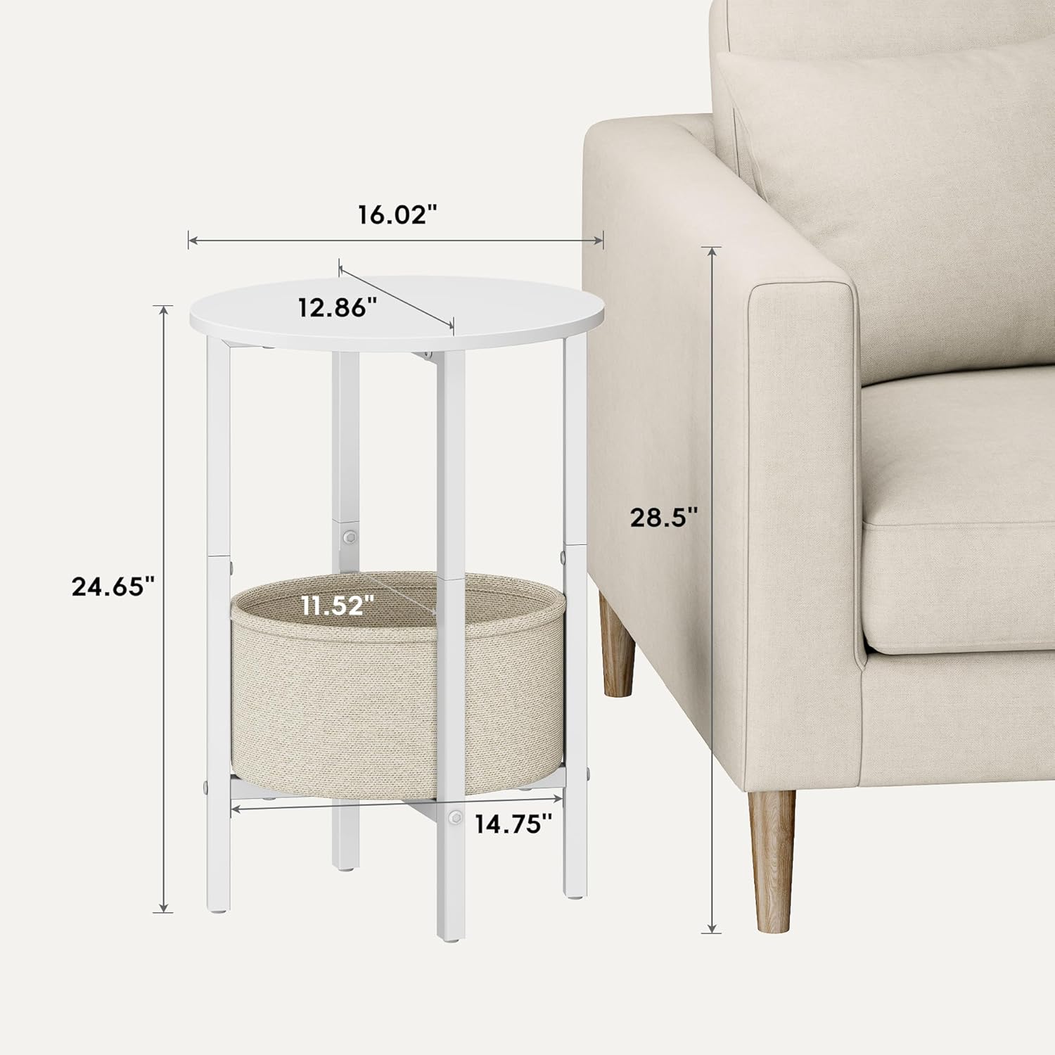 Vagusicc Round Side Table End Table with Storage Basket, Small Side Table Round Nightstand for Small Spaces, Tall Oval End Table with Steel Frame, Coffee Bedside Table for Living Room Bedroom, White