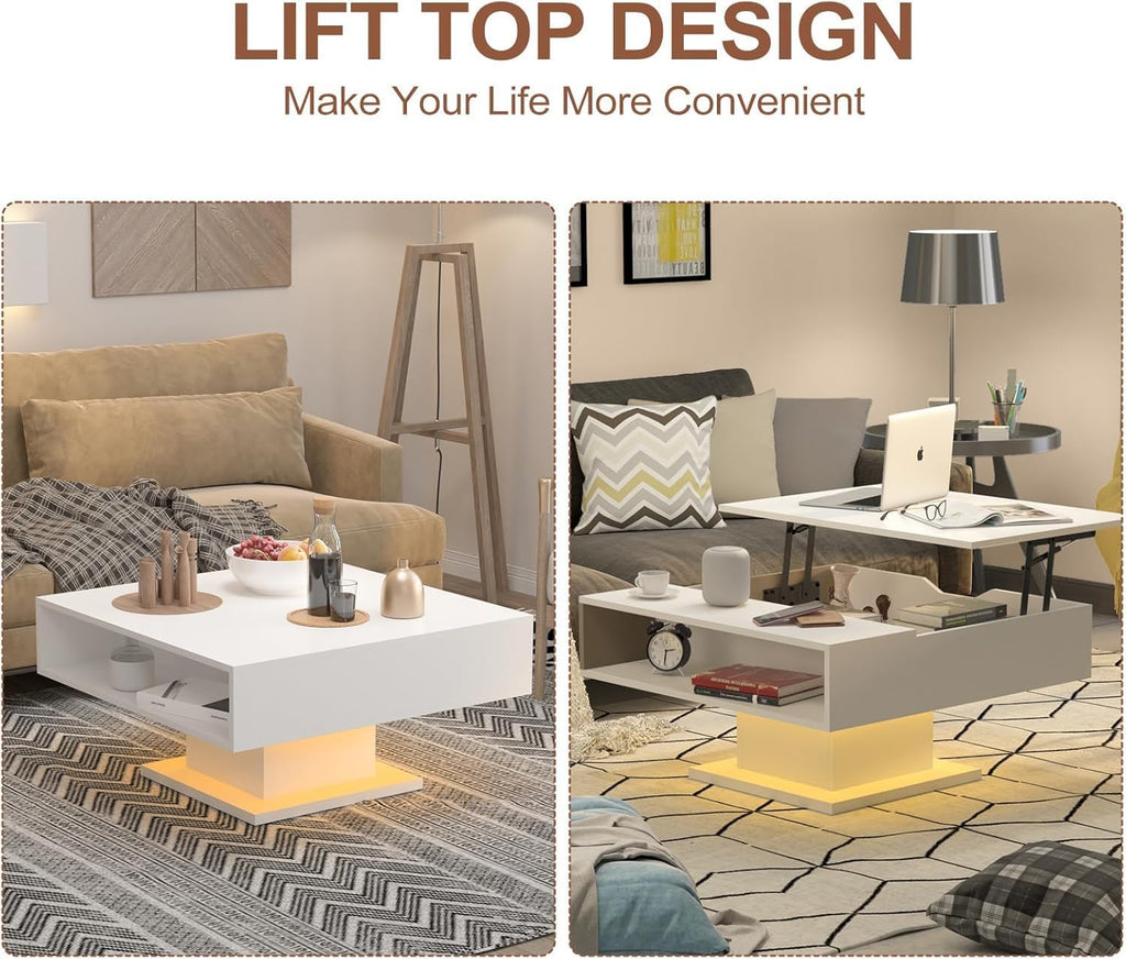 Square Lift Top Coffee Table with Storage, White Led Coffee Table for Living Room with Large Hidden Storage, 30.7" Wood Table Led Center Table for Dining Reception Room