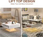 Square Lift Top Coffee Table with Storage, White Led Coffee Table for Living Room with Large Hidden Storage, 30.7" Wood Table Led Center Table for Dining Reception Room